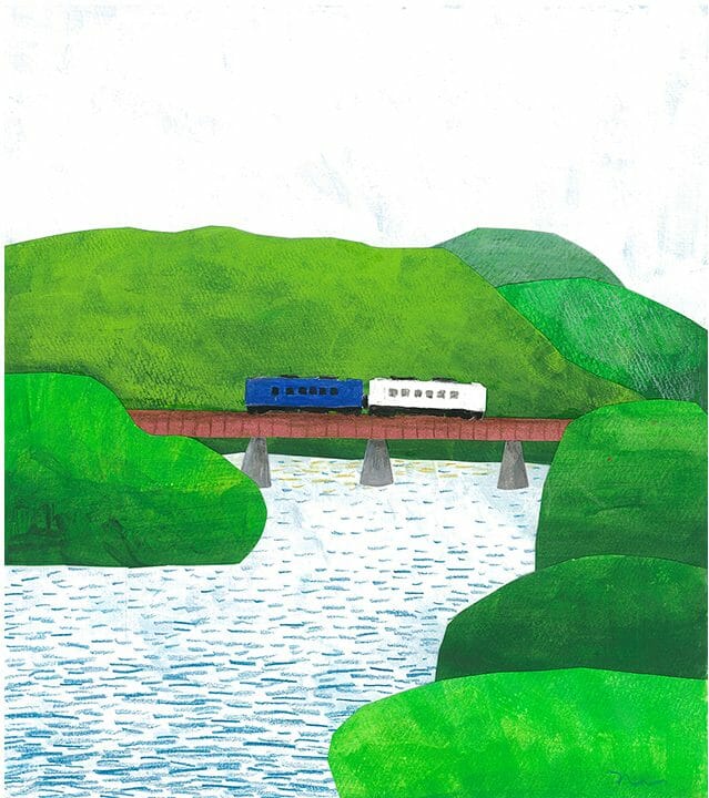 川と鉄道の風景イラスト 熊本のイラストレーター 渡邊幹子