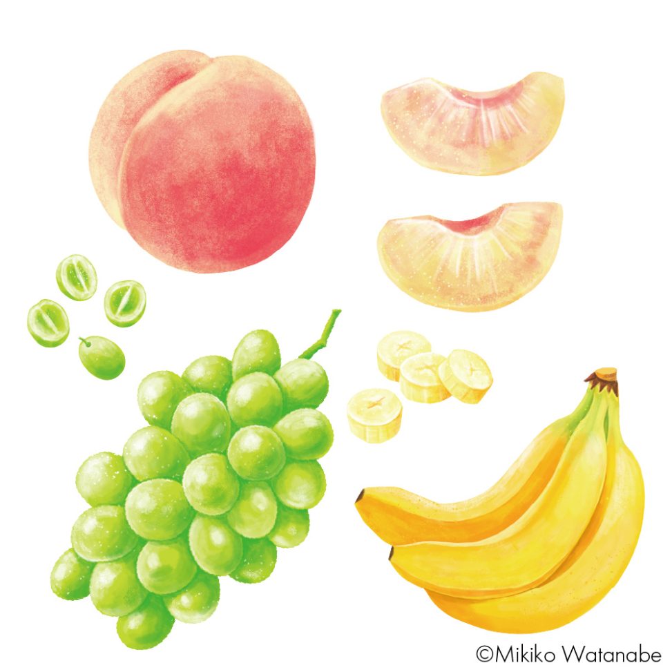 桃、バナナ、ぶどうのイラスト