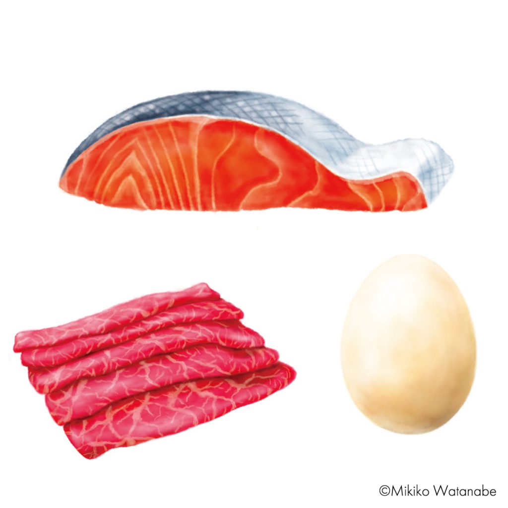 生鮭、たまご、牛肉の薄切りイラスト