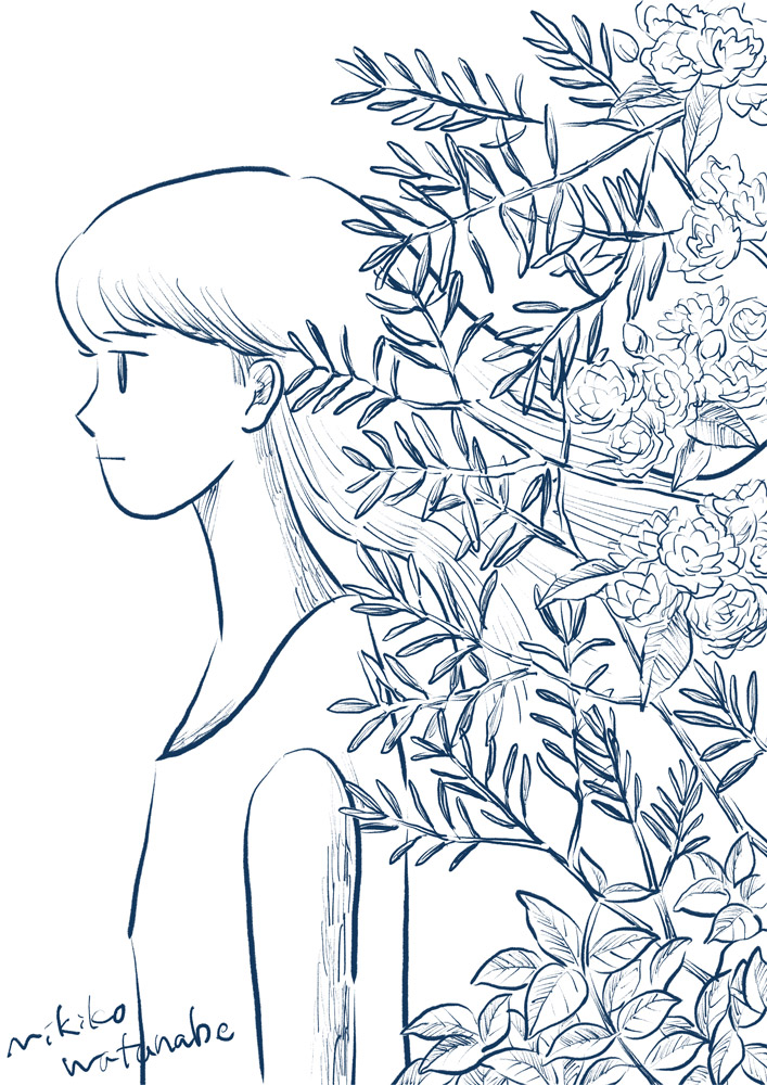 女の子と植物のペン画イラスト