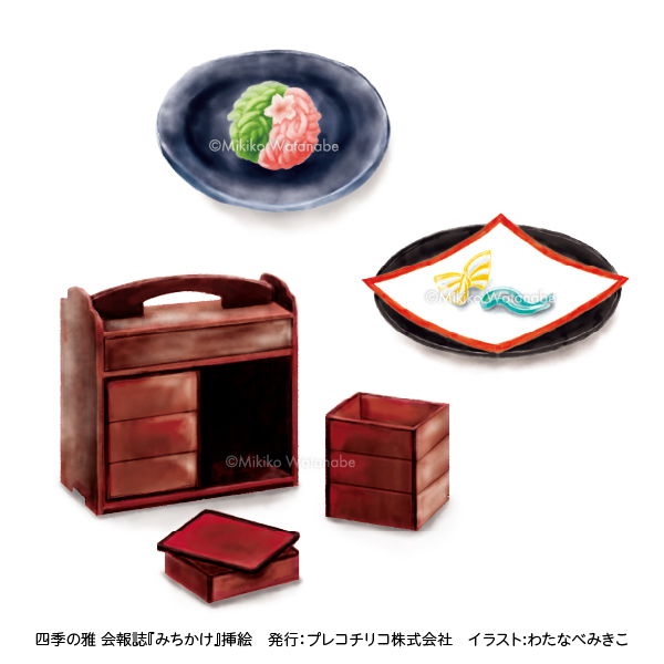 和菓子の金団（きんとん）、有平糖、提げ重のイラスト