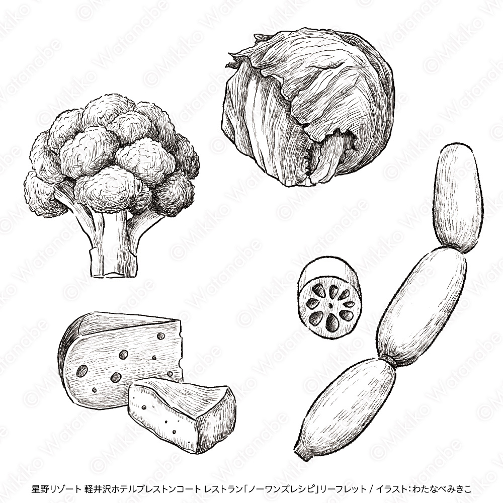 おしゃれなモノクロペン画イラスト（野菜とチーズ）
