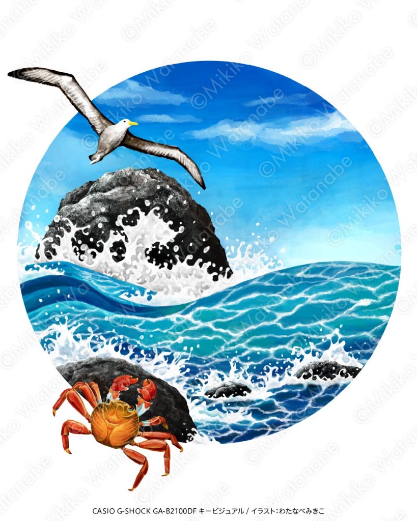 カニと鳥と海のイラスト